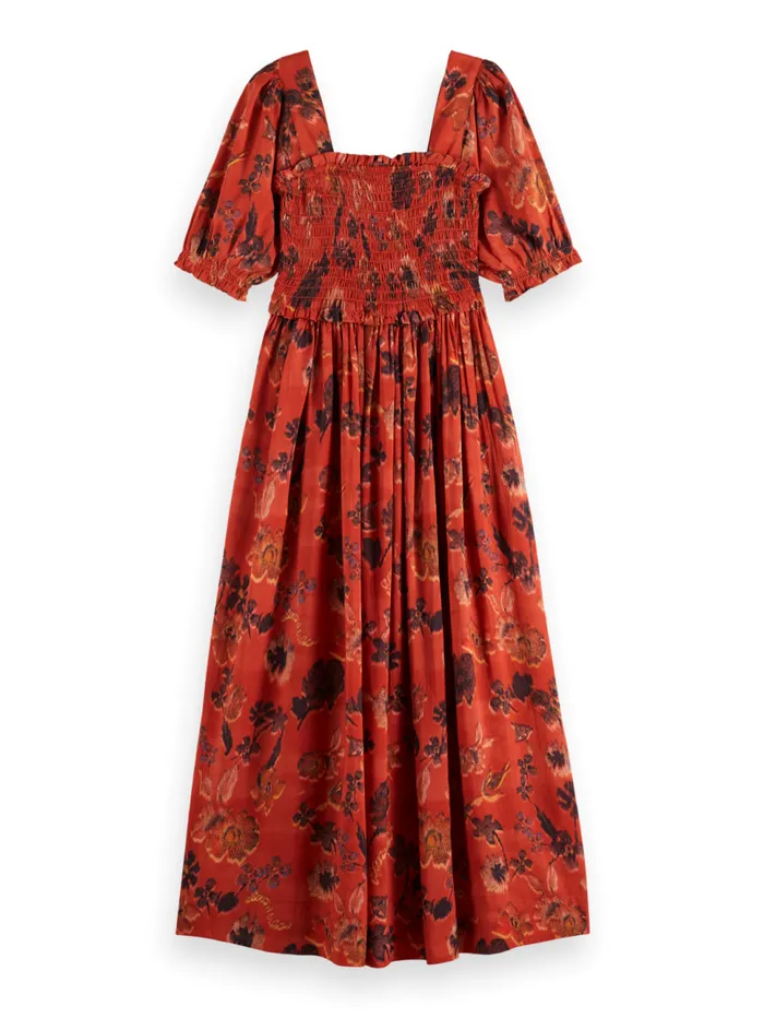 MAXI DRESS WITH SMOCK Geo Flower Bordeaux Women Scotch and Soda Dresses and Jumpsuits MAXI DRESS WITH SMOCK Geo Flower Bordeaux Women Scotch and Soda Dresses and Jumpsuits