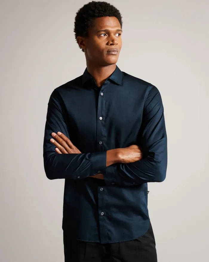 Men BELLOW 8211 Long Sleeve Satin Stretch Shirt Navy Ted Baker Shirts Men BELLOW 8211 Long Sleeve Satin Stretch Shirt Navy Ted Baker Shirts