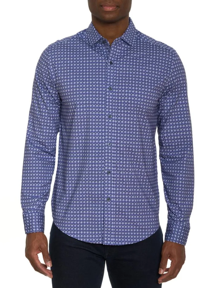 Men BERNARDI MOTION LONG SLEEVE KNIT BUTTON DOWN SHIRT Blue Robert Graham Sweaters and Knits