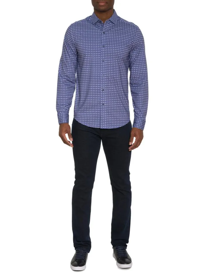 Men BERNARDI MOTION LONG SLEEVE KNIT BUTTON DOWN SHIRT Blue Robert Graham Sweaters and Knits