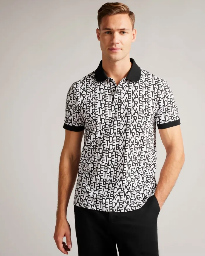 Men CHAPAR 8211 Short Sleeve Regular Fit Branded Print Polo Shirt White Ted Baker Polo Shirts