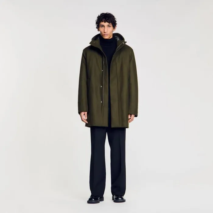 Men Coats SANDRO Hooded Wool Parka Olive Green