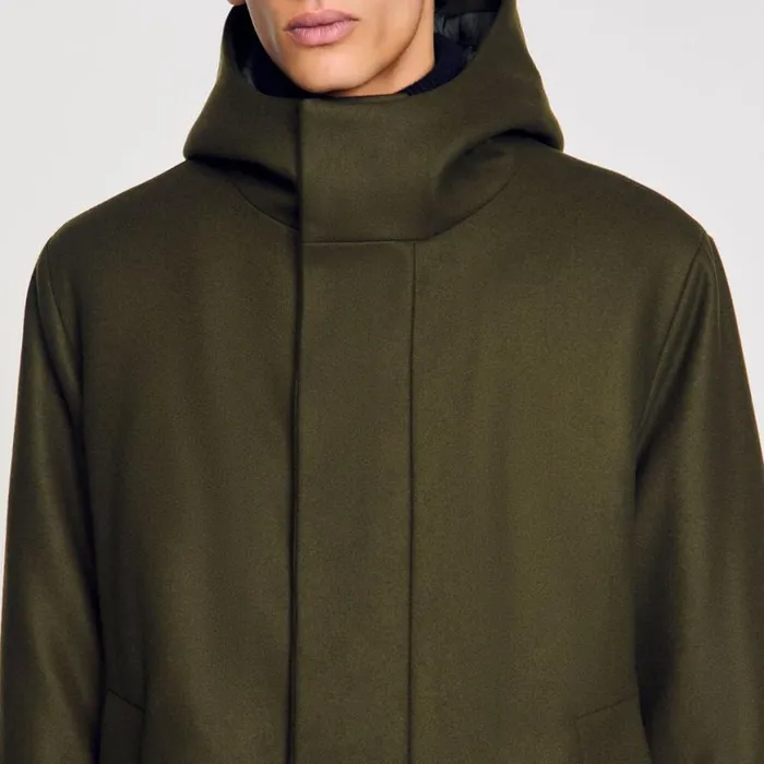 Men Coats SANDRO Hooded Wool Parka Olive Green