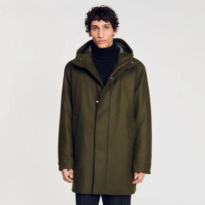 Men Coats SANDRO Hooded Wool Parka Olive Green
