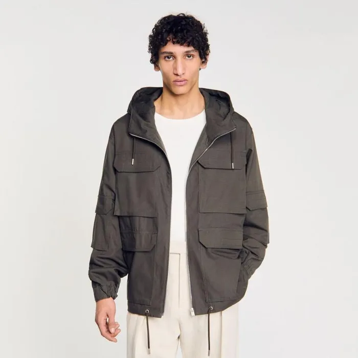 Men Jackets SANDRO Hooded Military Parka Dark Kaki