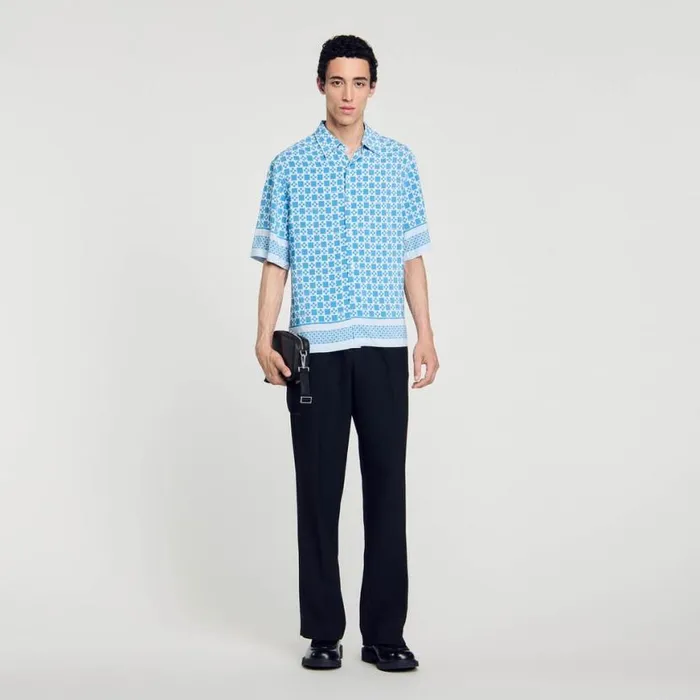 Men Shirts SANDRO Square Cross Motif Flowing Shirt Sky Blue
