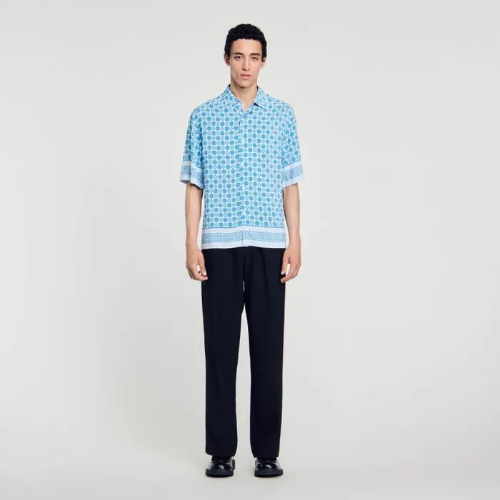 Men Shirts SANDRO Square Cross Motif Flowing Shirt Sky Blue