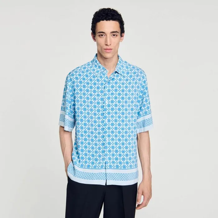 Men Shirts SANDRO Square Cross Motif Flowing Shirt Sky Blue