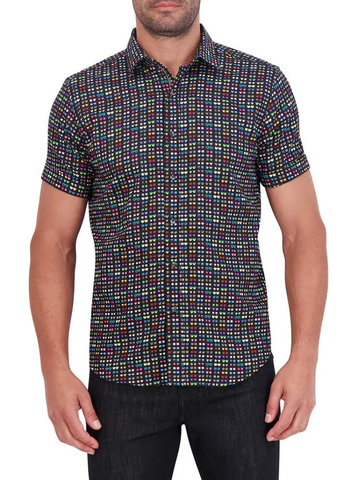 Men SPECTACLE SHORT SLEEVE BUTTON DOWN SHIRT Black Robert Graham Button Down Shirts