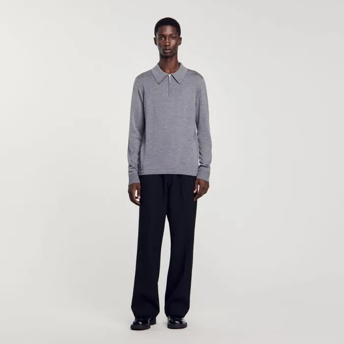 Men Sweaters and Cardigans SANDRO Knitted Polo Sweater Mocked Grey