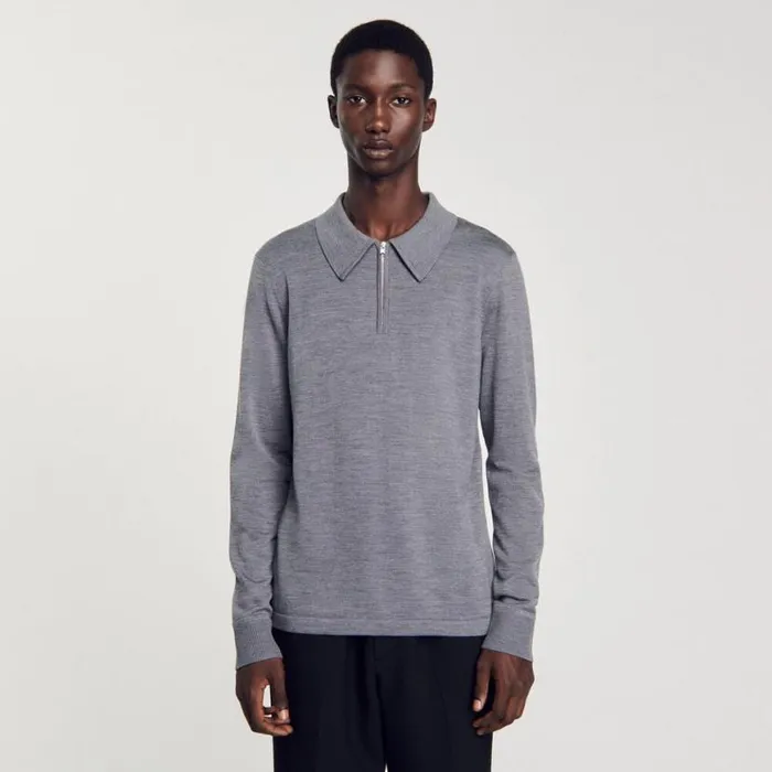 Men Sweaters and Cardigans SANDRO Knitted Polo Sweater Mocked Grey