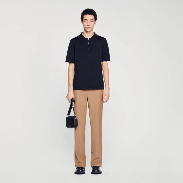Men Tshirts and Polos SANDRO Knitted Polo Shirt With Zip Collar Black