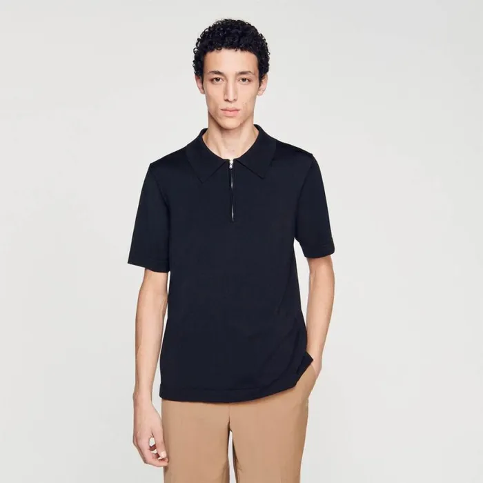 Men Tshirts and Polos SANDRO Knitted Polo Shirt With Zip Collar Black