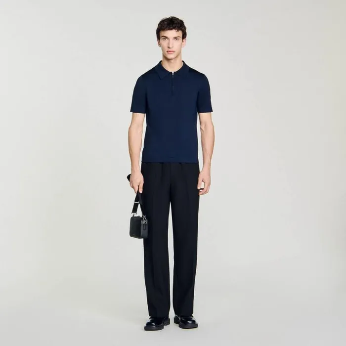Men Tshirts and Polos SANDRO Knitted Polo Shirt With Zip Collar Navy Blue