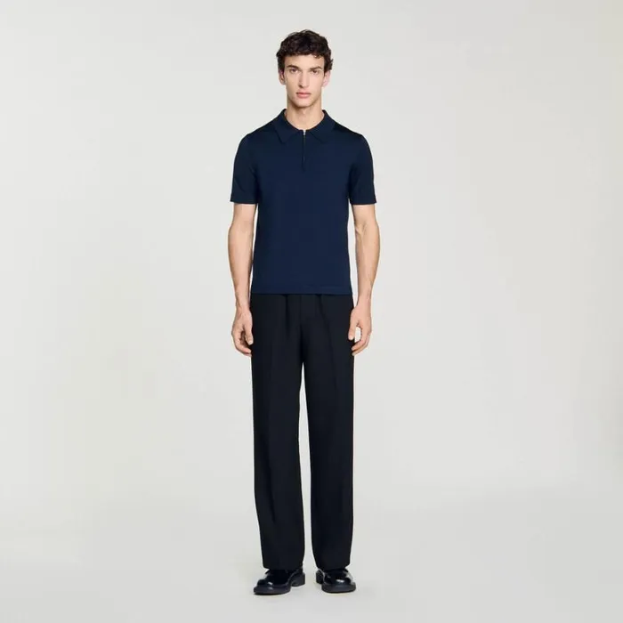 Men Tshirts and Polos SANDRO Knitted Polo Shirt With Zip Collar Navy Blue