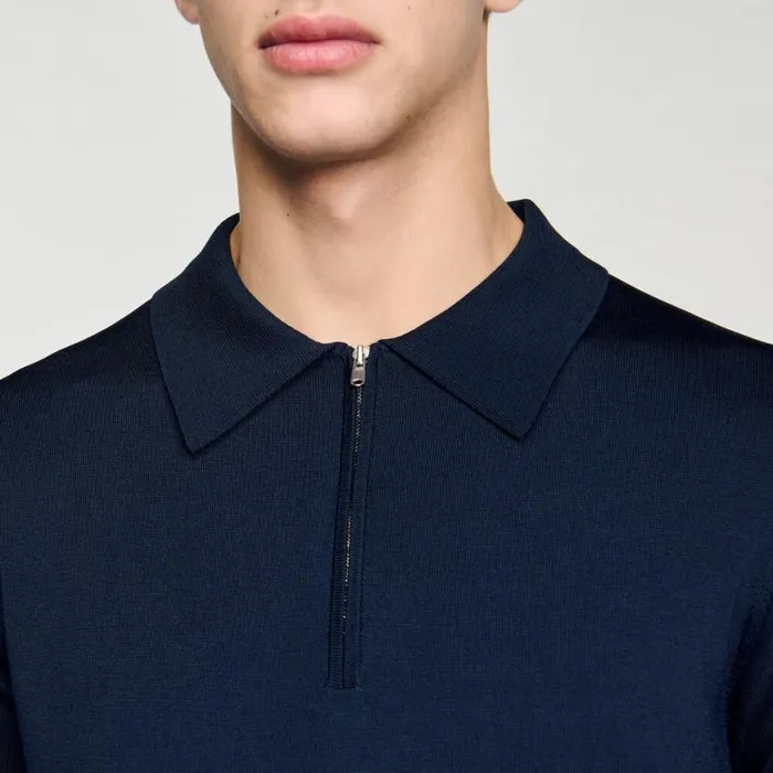 Men Tshirts and Polos SANDRO Knitted Polo Shirt With Zip Collar Navy Blue