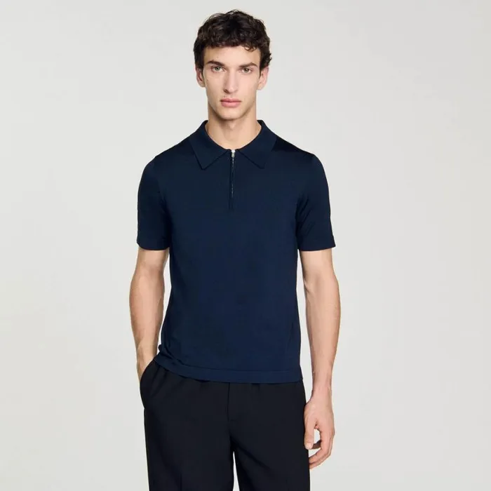 Men Tshirts and Polos SANDRO Knitted Polo Shirt With Zip Collar Navy Blue