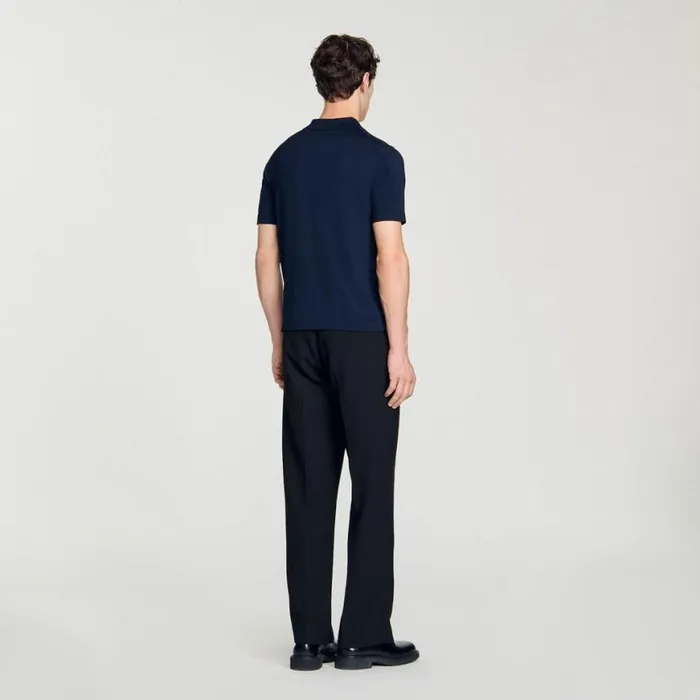 Men Tshirts and Polos SANDRO Knitted Polo Shirt With Zip Collar Navy Blue
