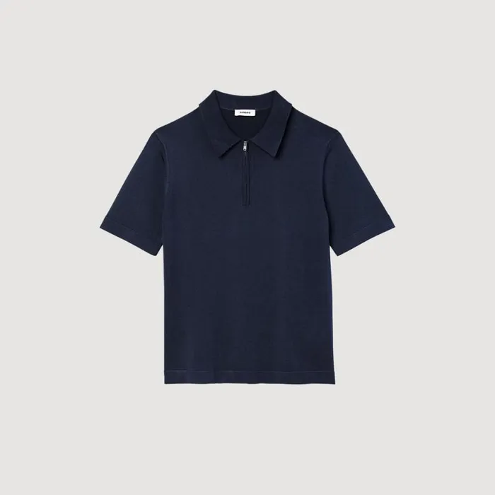 Men Tshirts and Polos SANDRO Knitted Polo Shirt With Zip Collar Navy Blue
