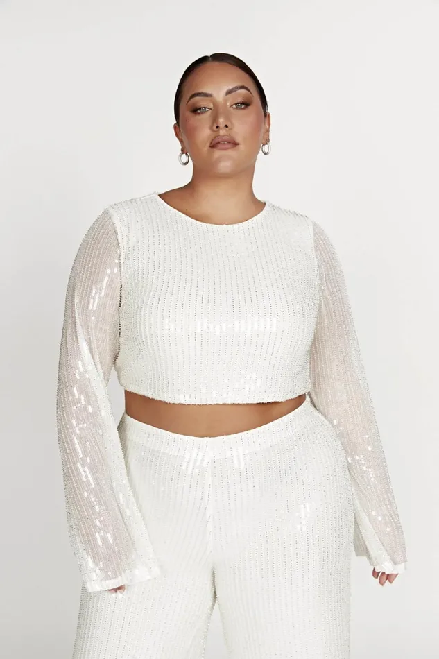 Meshki Bachelorette Diaz Long Sleeve Sequin Top 8211 White White 8211 Women