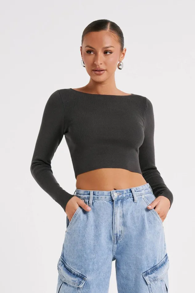 Meshki Basic Tops Haisley Long Sleeve Knit Top 8211 Charcoal Charcoal 8211 Women