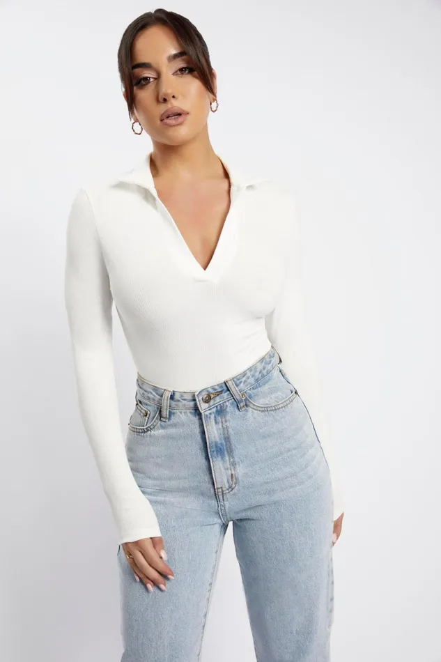 Meshki Bodysuits Belle Long Sleeve Collar Bodysuit 8211 White White 8211 Women