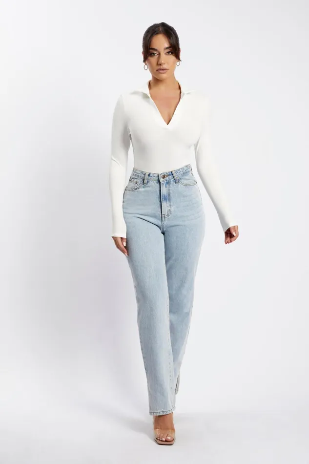 Meshki Bodysuits Belle Long Sleeve Collar Bodysuit 8211 White White 8211 Women