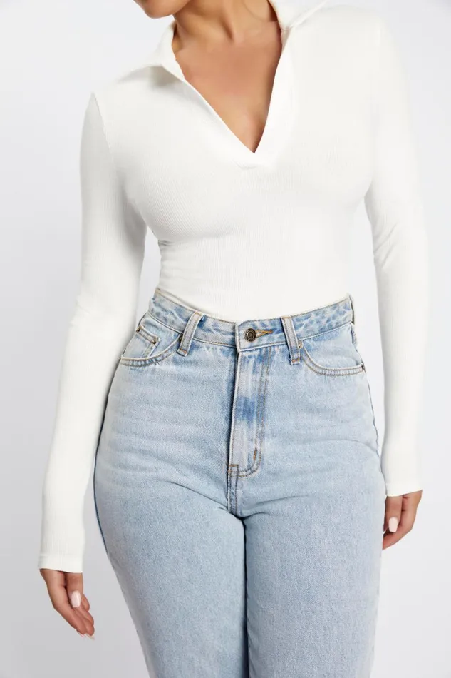 Meshki Bodysuits Belle Long Sleeve Collar Bodysuit 8211 White White 8211 Women
