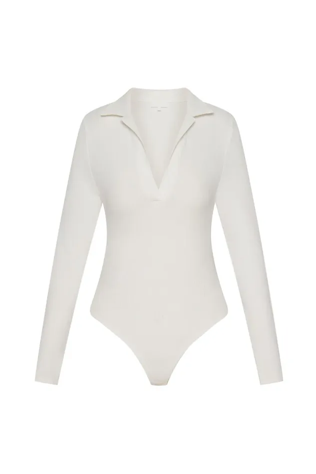 Meshki Bodysuits Belle Long Sleeve Collar Bodysuit 8211 White White 8211 Women