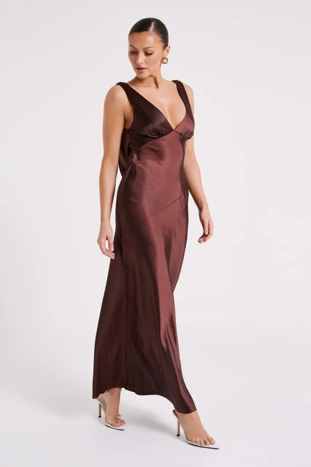 Meshki Bridal Shower Nadia Maxi Satin Dress With Back Cowl 8211 Dark Chocolate Darkchocolate 8211 Women