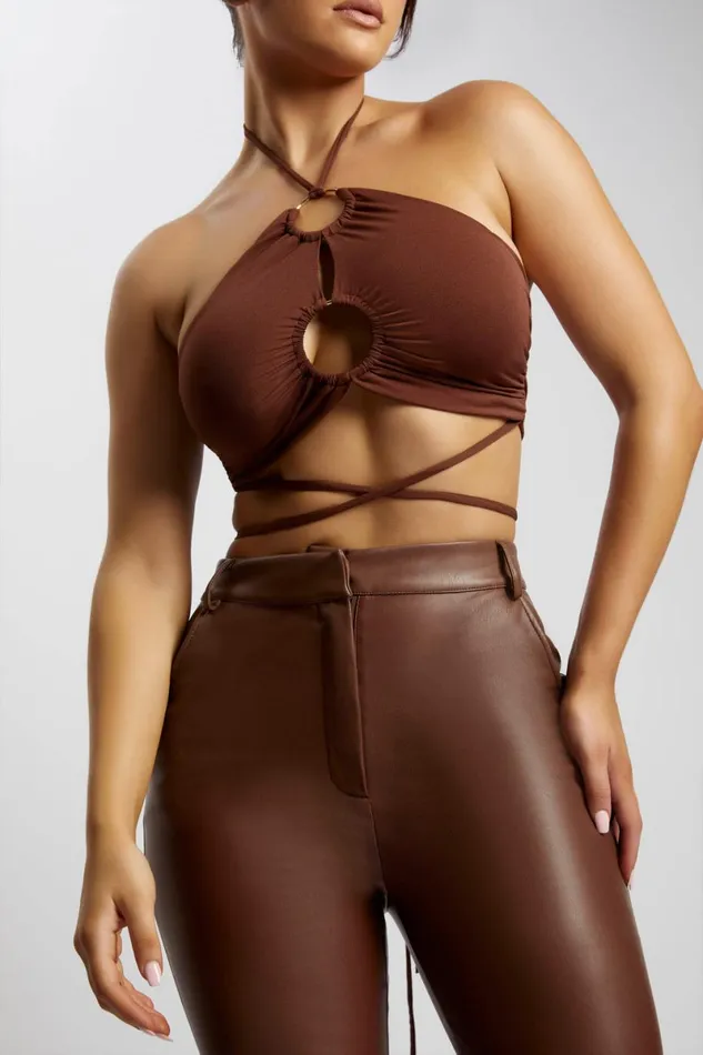 Meshki Crop Tops Sabrina Ruched Halter Crop Top 8211 Chocolate Chocolate 8211 Women
