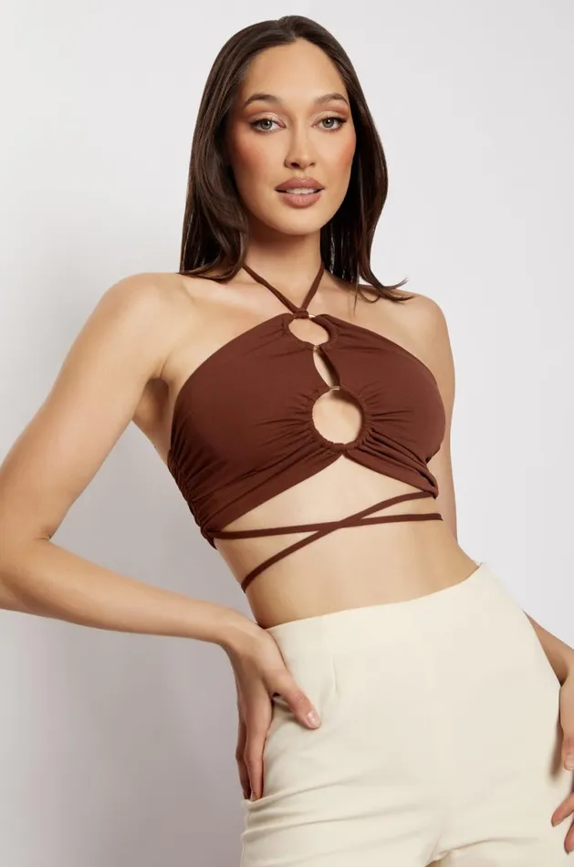 Meshki Crop Tops Sabrina Ruched Halter Crop Top 8211 Chocolate Chocolate 8211 Women Meshki Crop Tops Sabrina Ruched Halter Crop Top 8211 Chocolate Chocolate 8211 Women