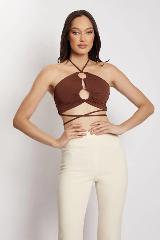 Meshki Crop Tops Sabrina Ruched Halter Crop Top 8211 Chocolate Chocolate 8211 Women Meshki Crop Tops Sabrina Ruched Halter Crop Top 8211 Chocolate Chocolate 8211 Women
