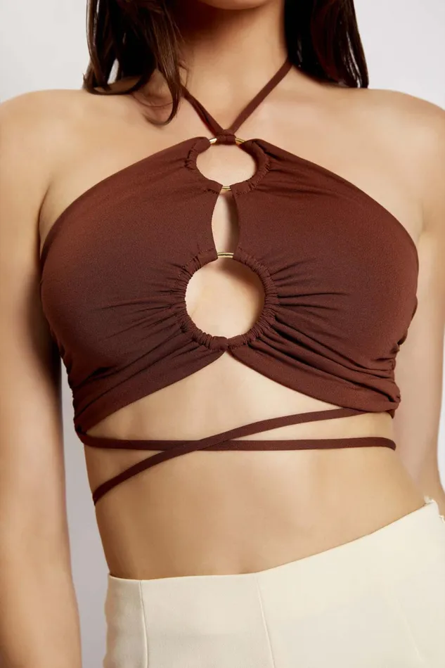 Meshki Crop Tops Sabrina Ruched Halter Crop Top 8211 Chocolate Chocolate 8211 Women Meshki Crop Tops Sabrina Ruched Halter Crop Top 8211 Chocolate Chocolate 8211 Women