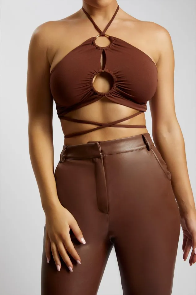 Meshki Crop Tops Sabrina Ruched Halter Crop Top 8211 Chocolate Chocolate 8211 Women Meshki Crop Tops Sabrina Ruched Halter Crop Top 8211 Chocolate Chocolate 8211 Women