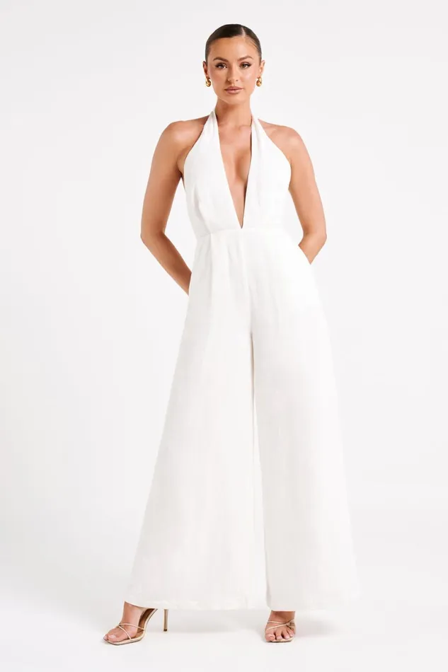 Meshki Jumpsuits and Rompers Blanca Linen Halter Jumpsuit 8211 White White 8211 Women