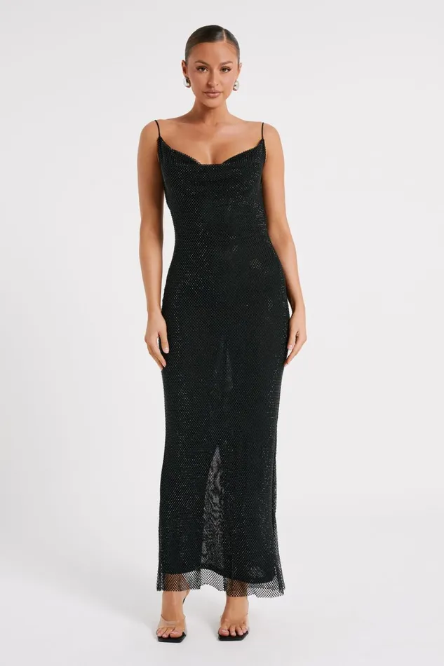Meshki Maxi Dresses Madelaine Diamante Mesh Cowl Maxi Dress 8211 Black Black 8211 Women