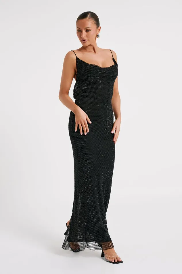 Meshki Maxi Dresses Madelaine Diamante Mesh Cowl Maxi Dress 8211 Black Black 8211 Women