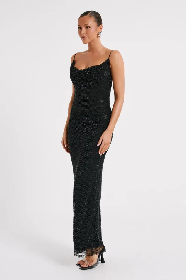 Meshki Maxi Dresses Madelaine Diamante Mesh Cowl Maxi Dress 8211 Black Black 8211 Women