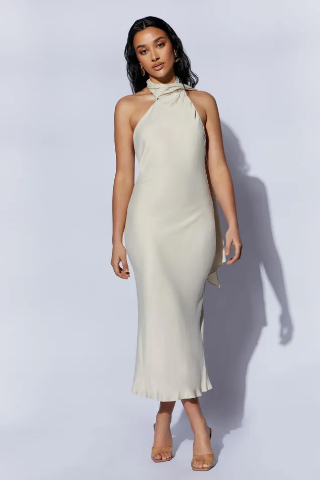 Meshki Midi Dresses Astrella Neck Wrap Midi ALine Dress 8211 Wheat Wheat 8211 Women