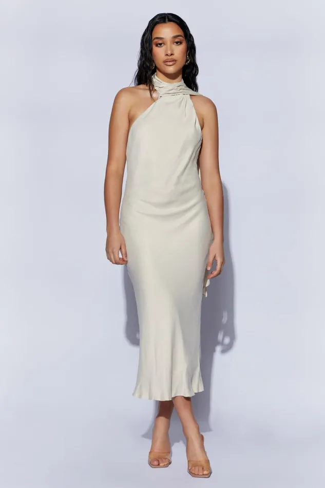Meshki Midi Dresses Astrella Neck Wrap Midi ALine Dress 8211 Wheat Wheat 8211 Women