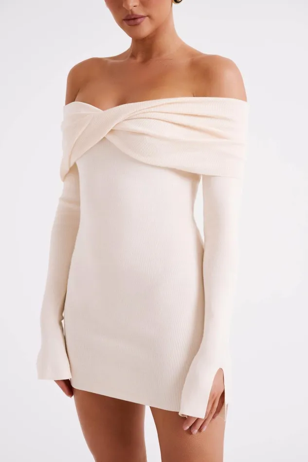 Meshki Mini Dresses Clover Off Shoulder Knit Mini Dress 8211 Cream Cream 8211 Women