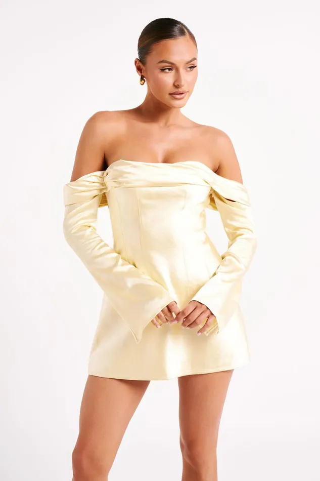 Meshki Mini Dresses Giselle Off Shoulder Satin Mini Dress 8211 Butter Butter 8211 Women