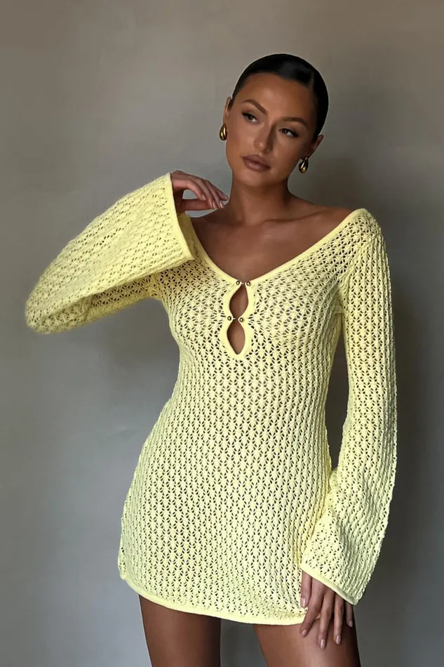 Meshki Mini Dresses Kayleigh Crochet Knit Mini Dress 8211 Lemon Lemon 8211 Women
