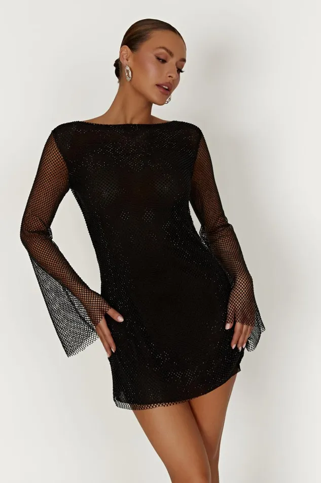 Meshki Mini Dresses Samira Flare Sleeve Diamante Mesh Mini Dress 8211 Black Black 8211 Women
