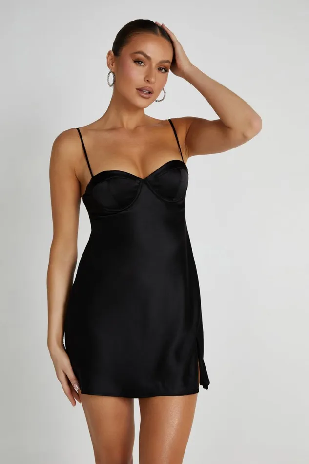 Meshki Mini Dresses Zahli Top Stitch Satin Mini Dress 8211 Black Black 8211 Women