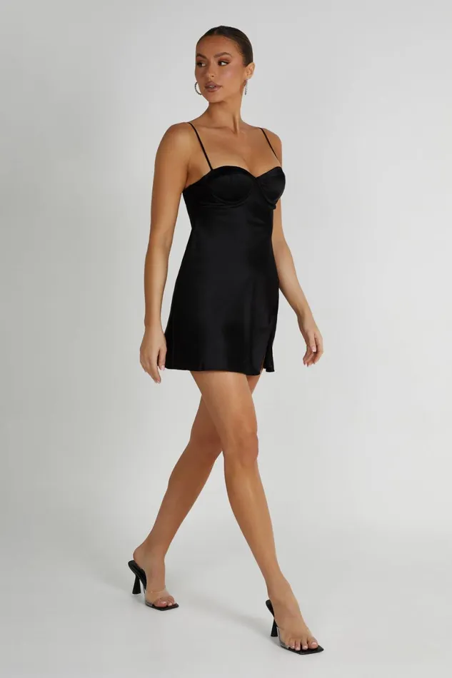 Meshki Mini Dresses Zahli Top Stitch Satin Mini Dress 8211 Black Black 8211 Women