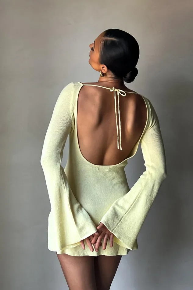 Meshki Mini Dresses Zahra Long Sleeve Open Back Mini Knit Dress 8211 Lemon Lemon 8211 Women Meshki Mini Dresses Zahra Long Sleeve Open Back Mini Knit Dress 8211 Lemon Lemon 8211 Women