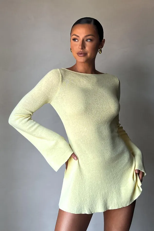 Meshki Mini Dresses Zahra Long Sleeve Open Back Mini Knit Dress 8211 Lemon Lemon 8211 Women