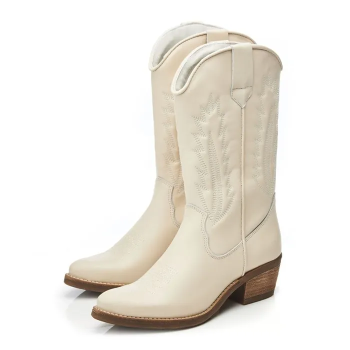 MidCalf Boots Women Moda In Pelle Fanntine Cream Leather MidCalf Boots Women Moda In Pelle Fanntine Cream Leather